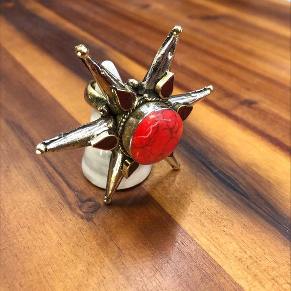 Red Stone Star Ring, Afghan Massive Ring, Handmade Statement Stone Ring, Boho - Picture 7 of 14